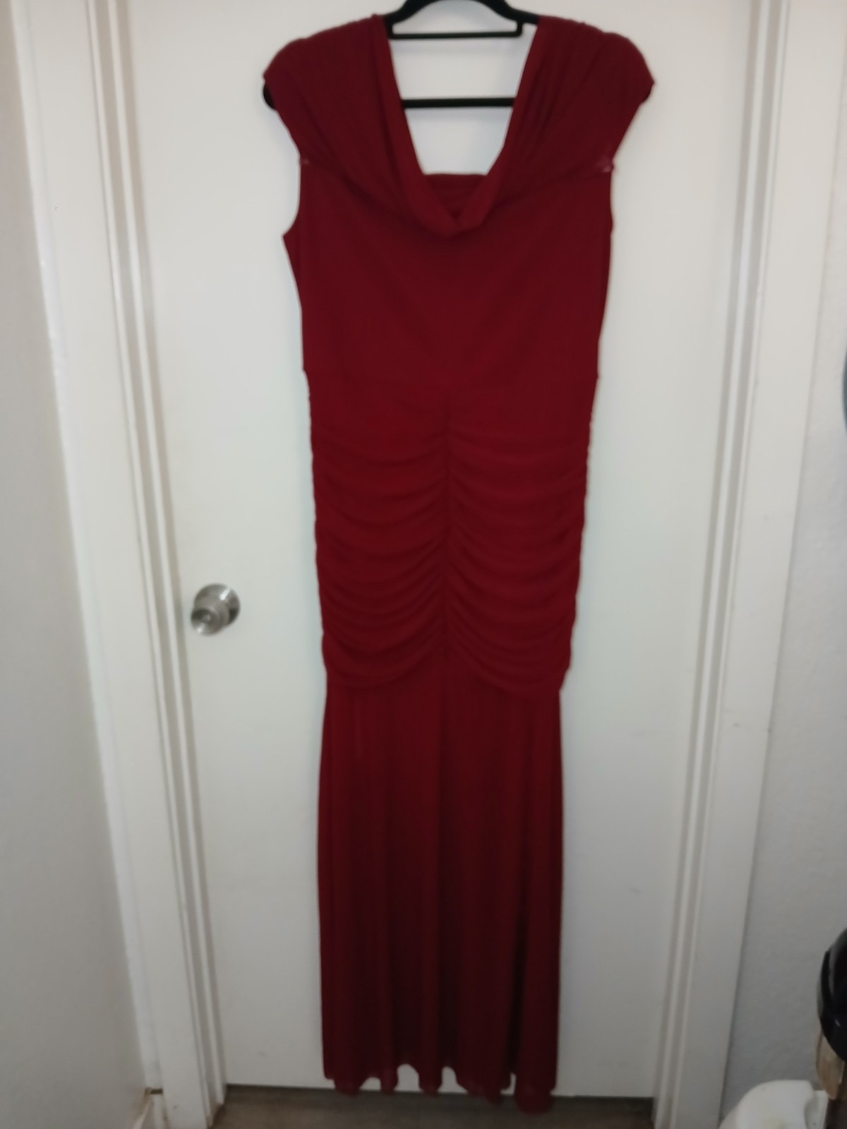 oy Red Solid Ruched Stretch Cowl Neck Cap Sleeve Long Gown Dress Women XL