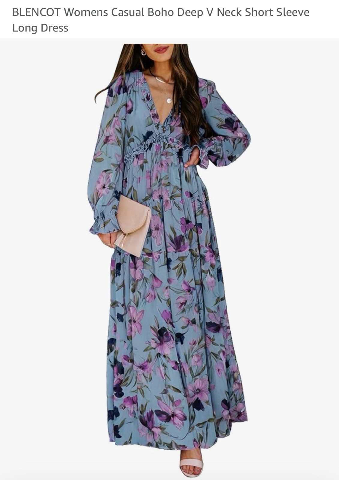 BLENCOT Womens Casual Boho Deep V Neck Short Sleeve Long Dress