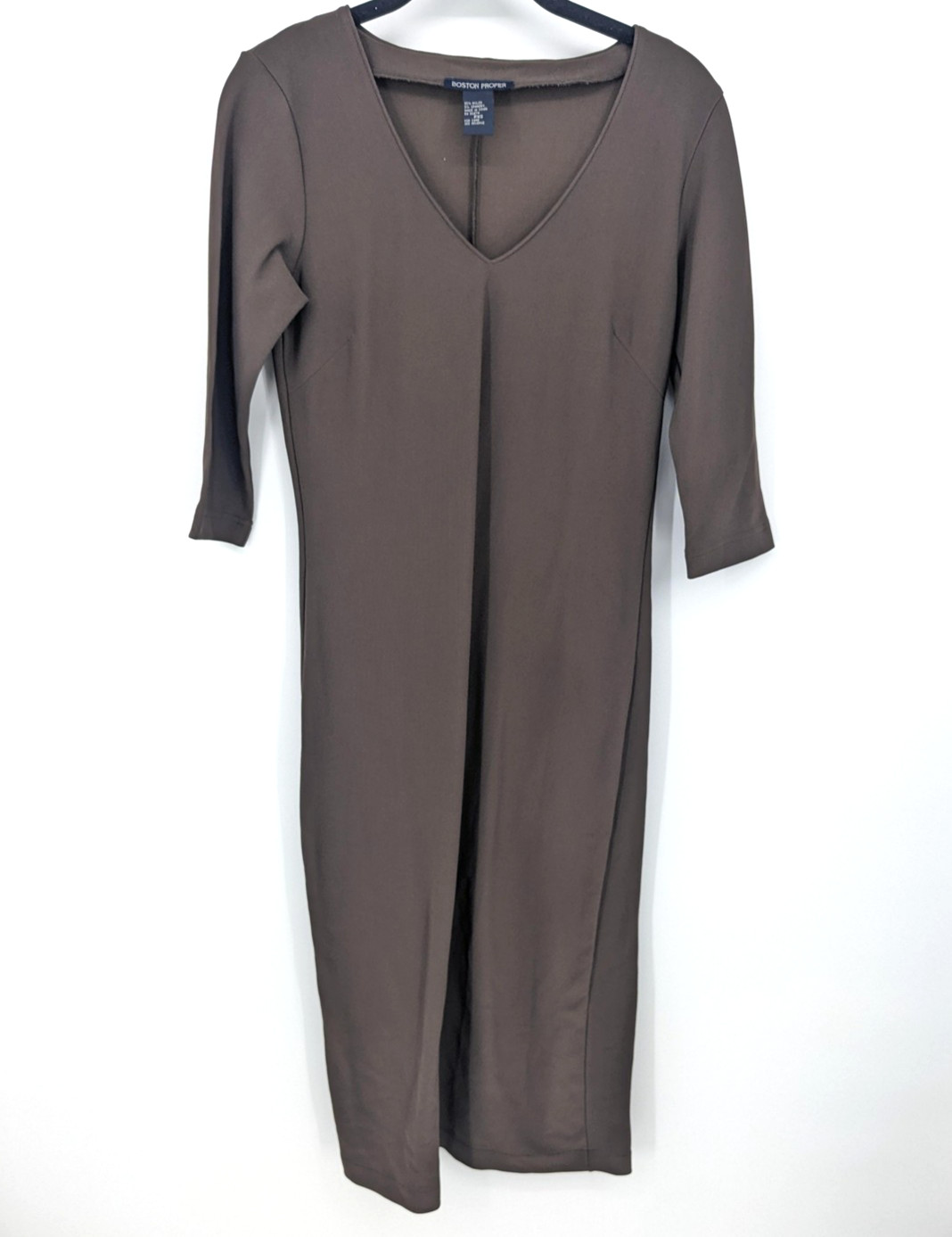 Boston Proper Dress Womens PXS Brown 3/4 Sleeve Midi Stretch Bodycon Nylon Blend