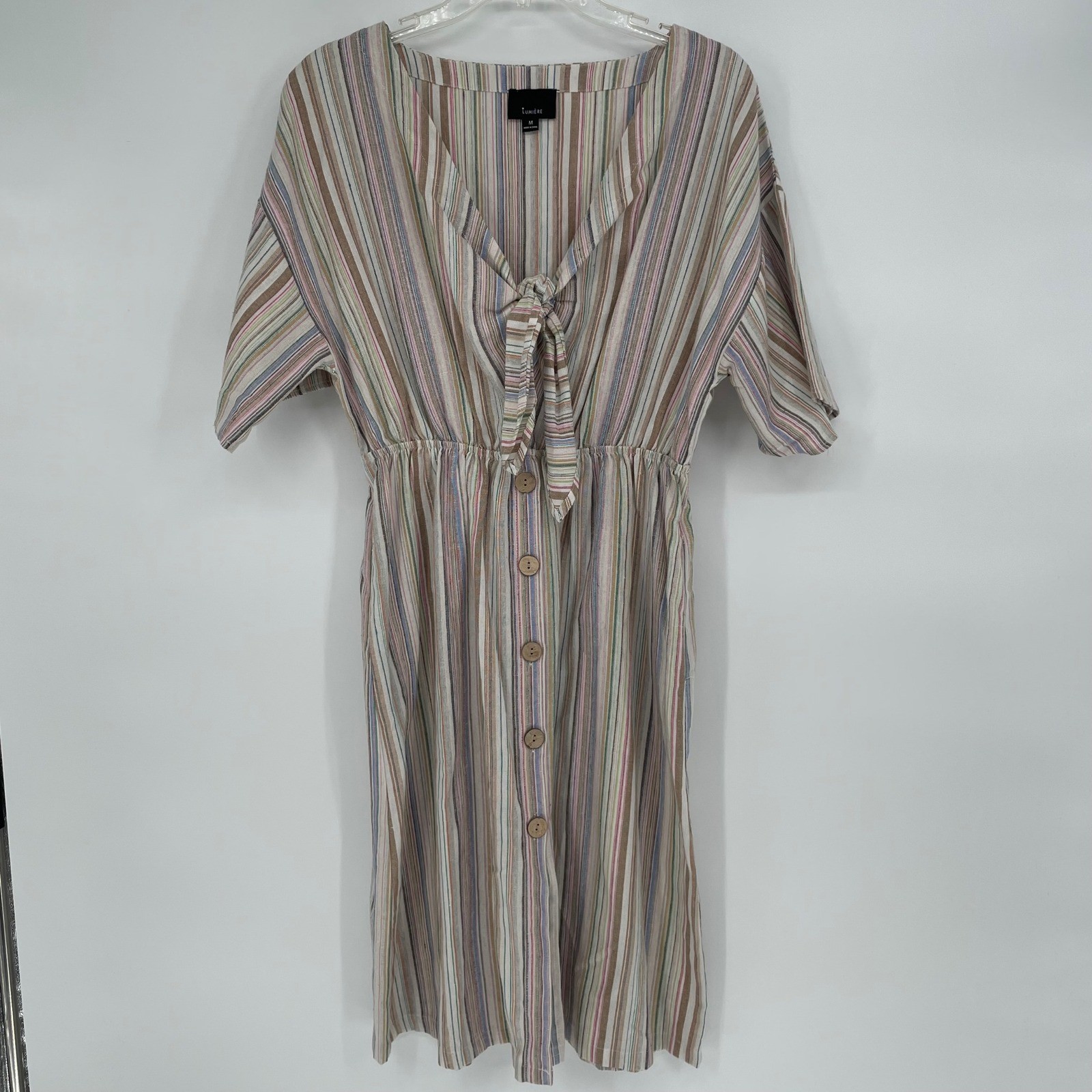 LUMIERE Striped Tie Front Midi Dress Women’s Size M Linen Cotton Blend