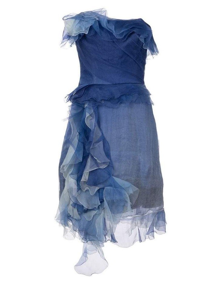 MARCHESA Ombre Strapless Flower Ruffled Tiered Silk Cocktail Dress, 2 Blue