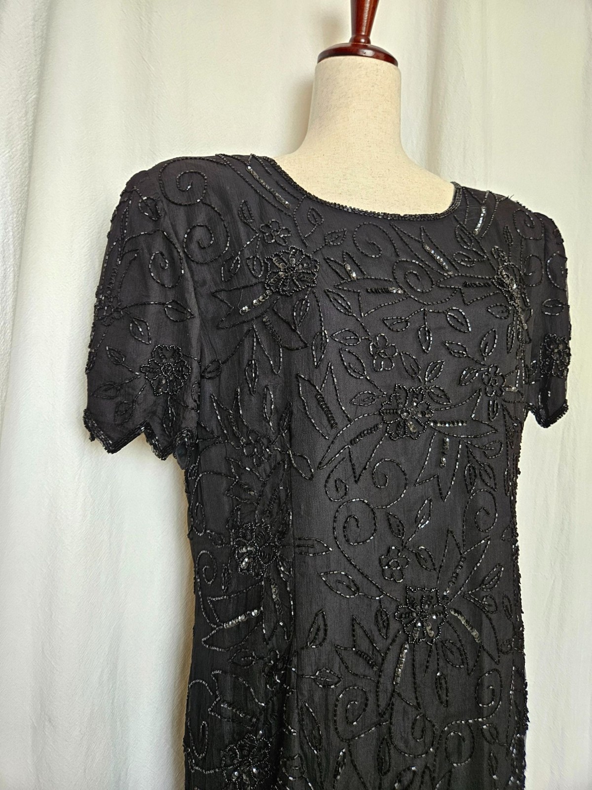 Stenay Black Silk Beaded Layered Art Deco Cocktail Party Dress Halloween Formal