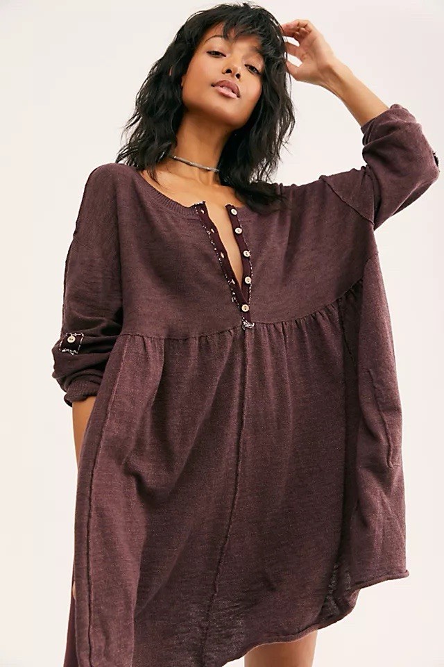 Free People FP Pine Parks Sweater Beach Cotton Blend Dress Henley Tunic Sz XL