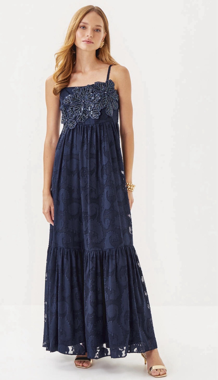 Lilly Pulitzer Mollylynn Clip Maxi Dress NWT Size 8 Navy Beaded Floral Appliqué