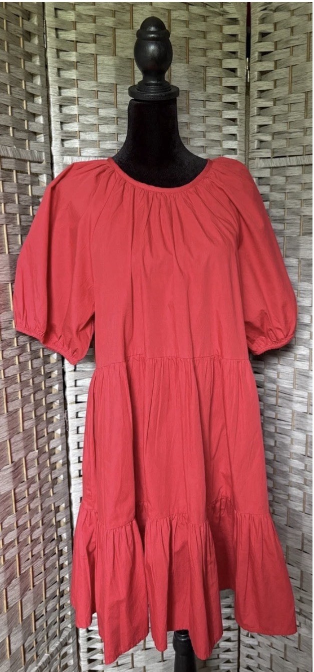 Sweet Magnolia Dress Red Bow Back Tiered Short Sleeve Boho Peasant NEW $45 Small