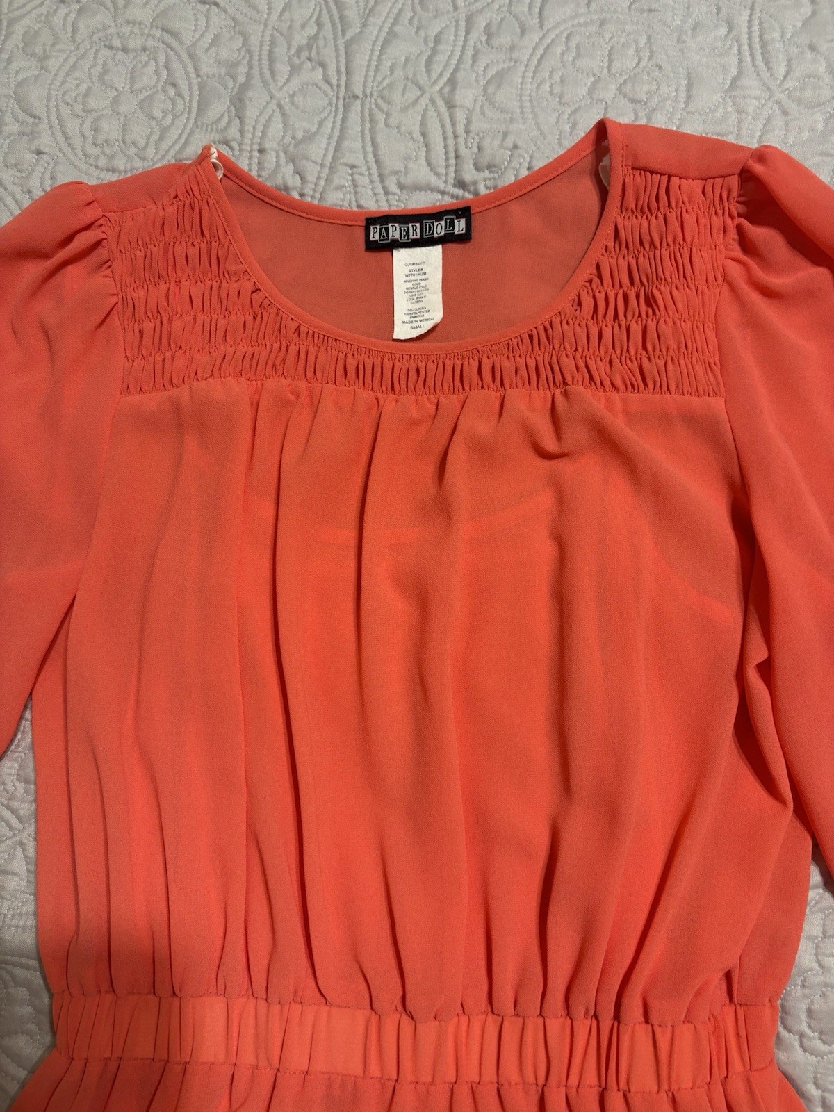 Paper Doll Coral Chiffon Smocked Puff 3/4 Sleeve A-Line Short Dress Small