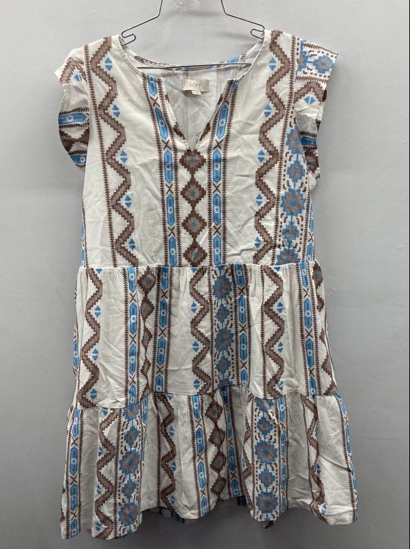Loft Outlet Women’s White Geometric Tiered V-Neck Cap Sleeve Dress Sz L NWT