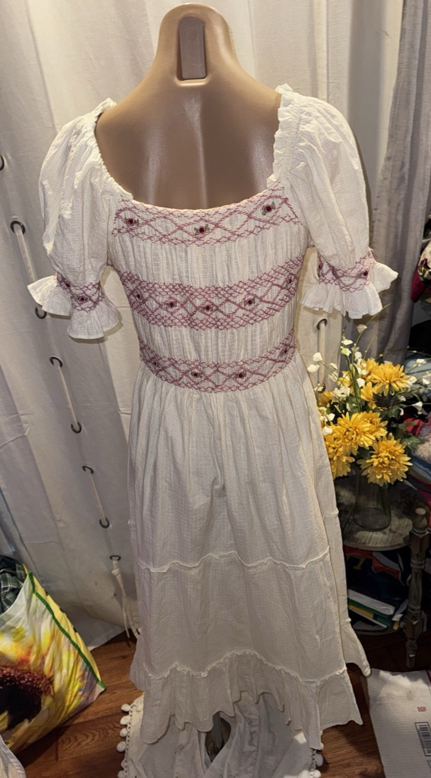 Ivy City Co. Embroidered Smocked Midi Dress Medium Ivory Romantic Cottagecore