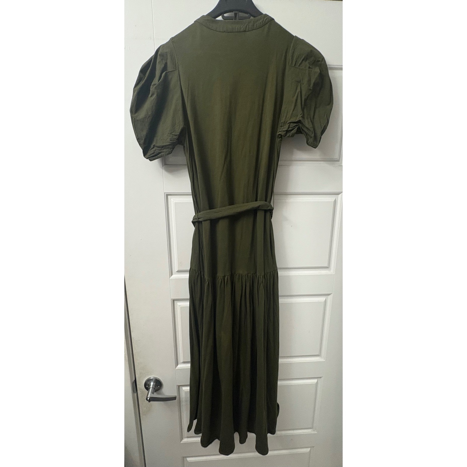 Zara Womens Olive Green Puff Sleeve V-Neck Midi Cotton Poplin Dress Size S