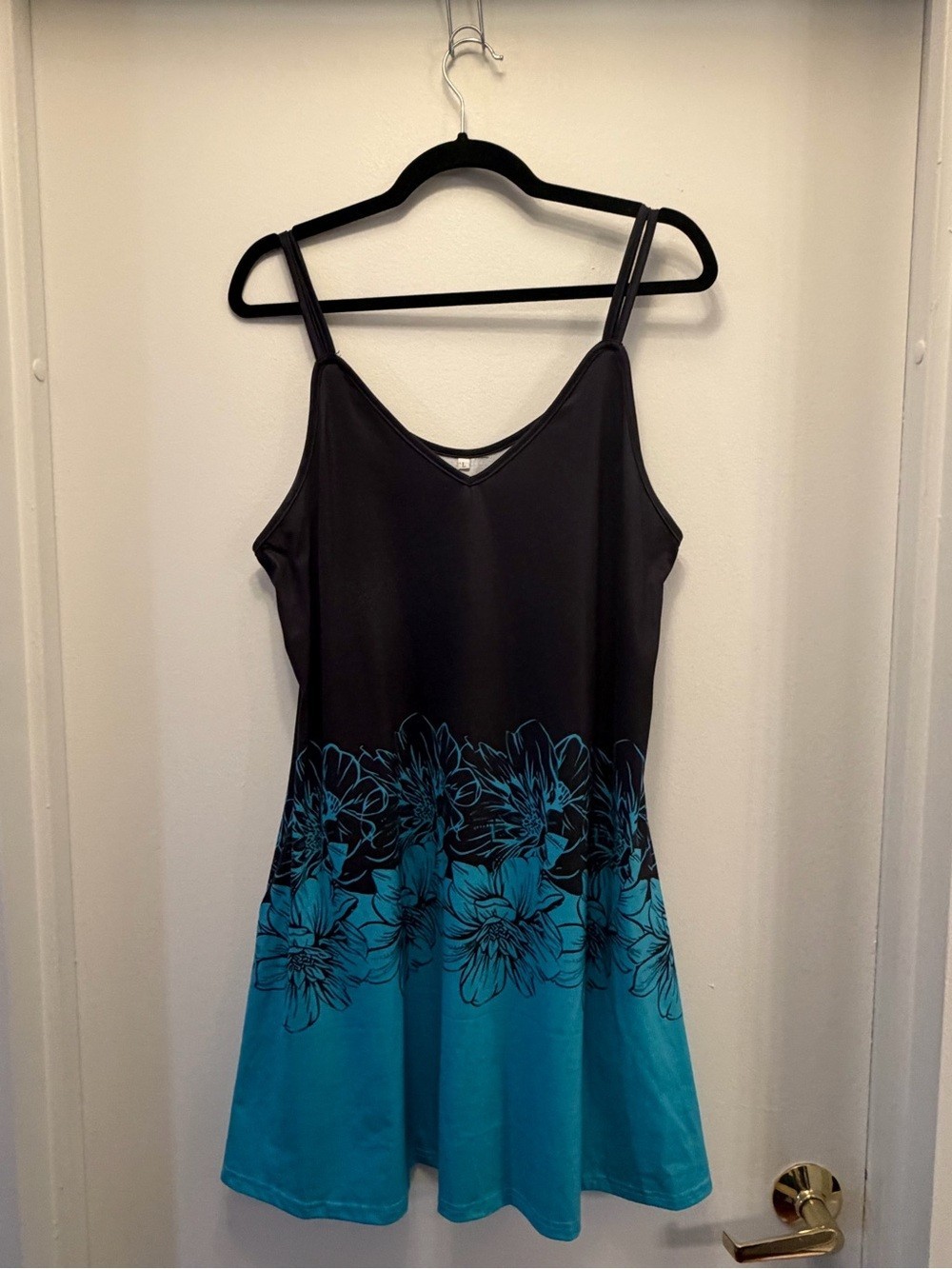 Womens Black Turquoise Floral Sleeveless Dress Spaghetti Strap Fit Flare Size L