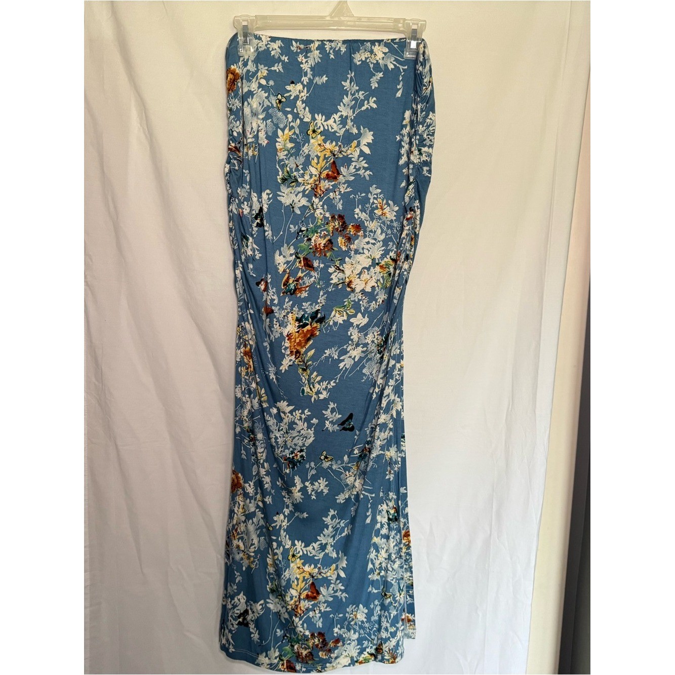 Blue Floral Butterfly Strapless Maxi Dress Ruched Sides with Side Slit-Size L