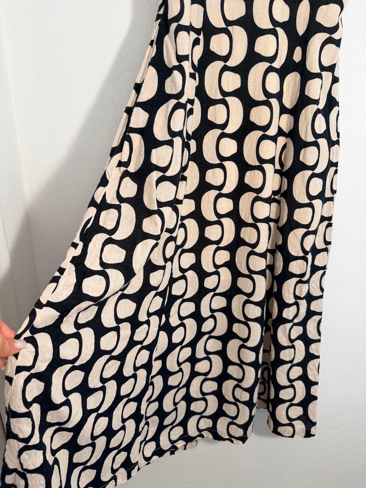 ILLA ILLA Abstract Print Midi Dress Beige Black Strappy Fit & Flare Size S