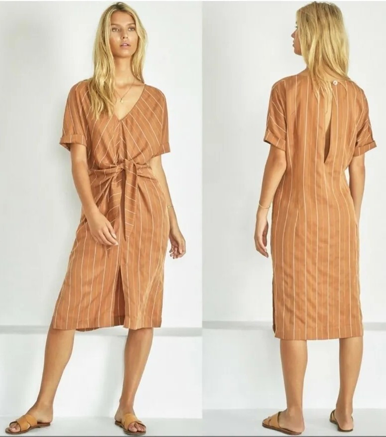 REVOLVE SANCIA Mabel Dress Sz XS Brown French Striped Tie Front Short Sleeve