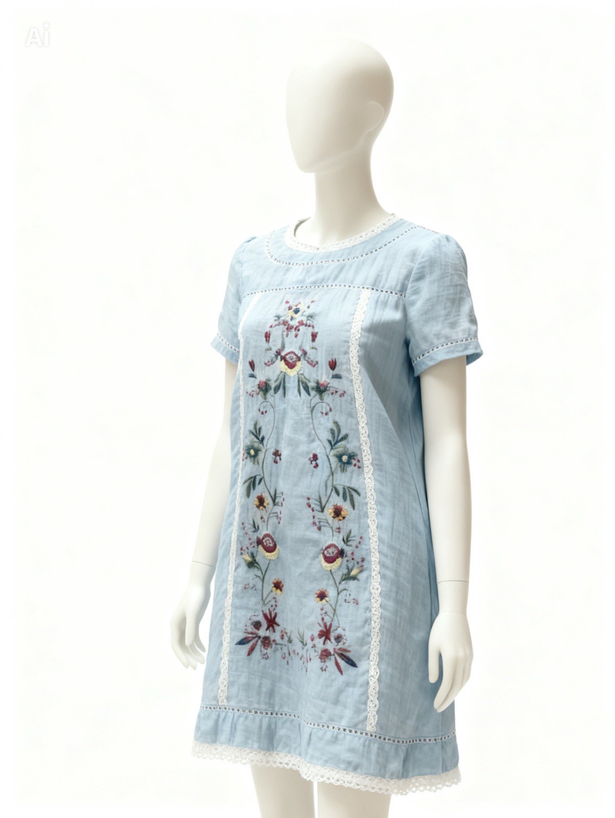Umgee USA Women’s Medium Embroidered Boho Shift Dress Blue Lace Linen Blend M [X