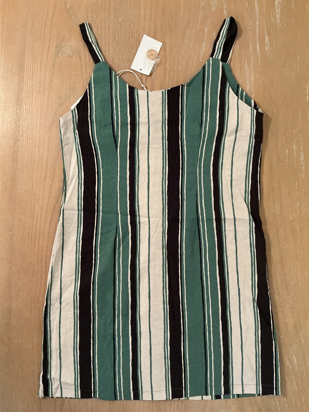 Lush Dress Womens Small Green Black Striped Button Front Linen Blend Sundress