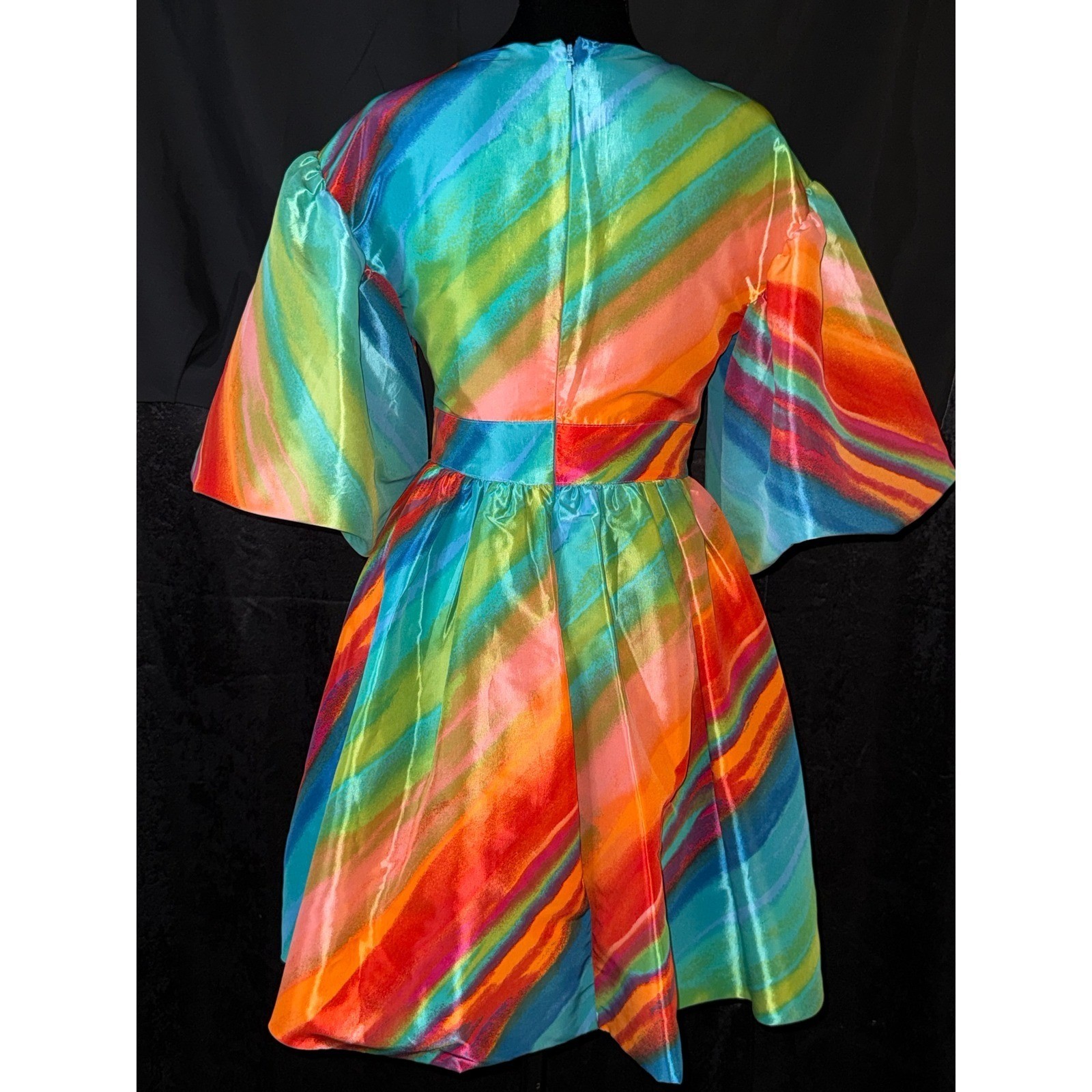 New York & Company Rainbow Stripe Puff Sleeve Mini Dress XS Multi Color V-Neck