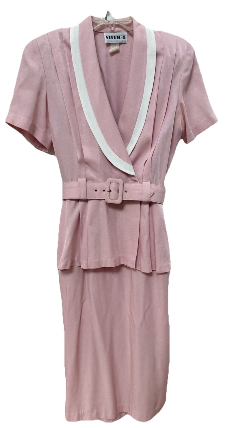 Vintage Studio I Pink White Belted Peplum Dress SZ 10 Shoulder Pads Classic 80s