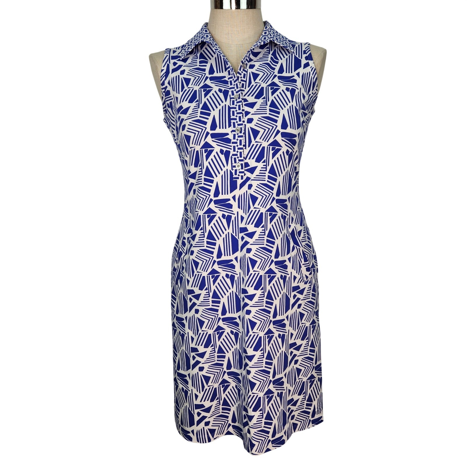 J.McLaughlin Blue White Geometric Catalina Cloth Sleeveless Shift Dress M