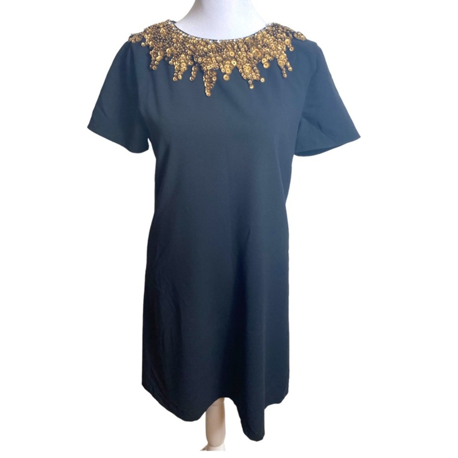 ALICE & OLIVIA DRESS 4 BLACK SHIFT GOLD SEQION BEADED JEWEL COLLAR UNIQUE PREPPY