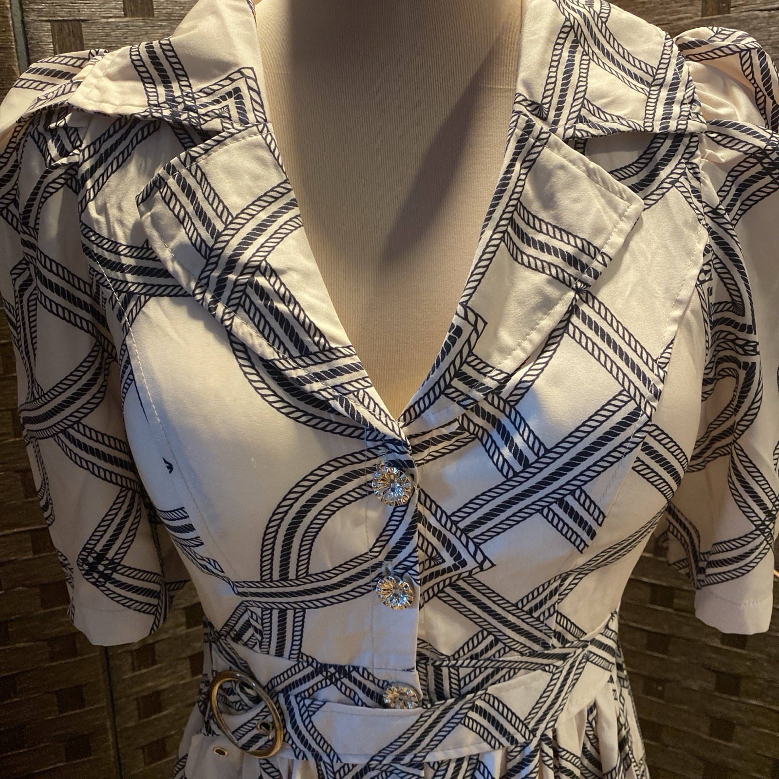 Black & White Geometric Maxi Dress with Belt Fits Small to Medium
