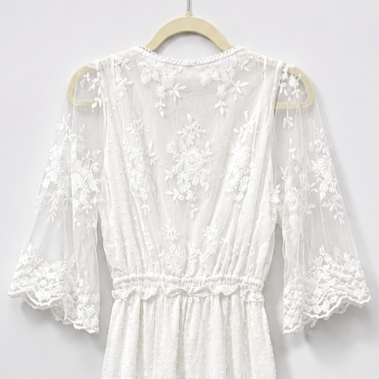 Womens White Floral Lace Swiss Dot Maxi Dress M Boho Embroidered Prairie Lined