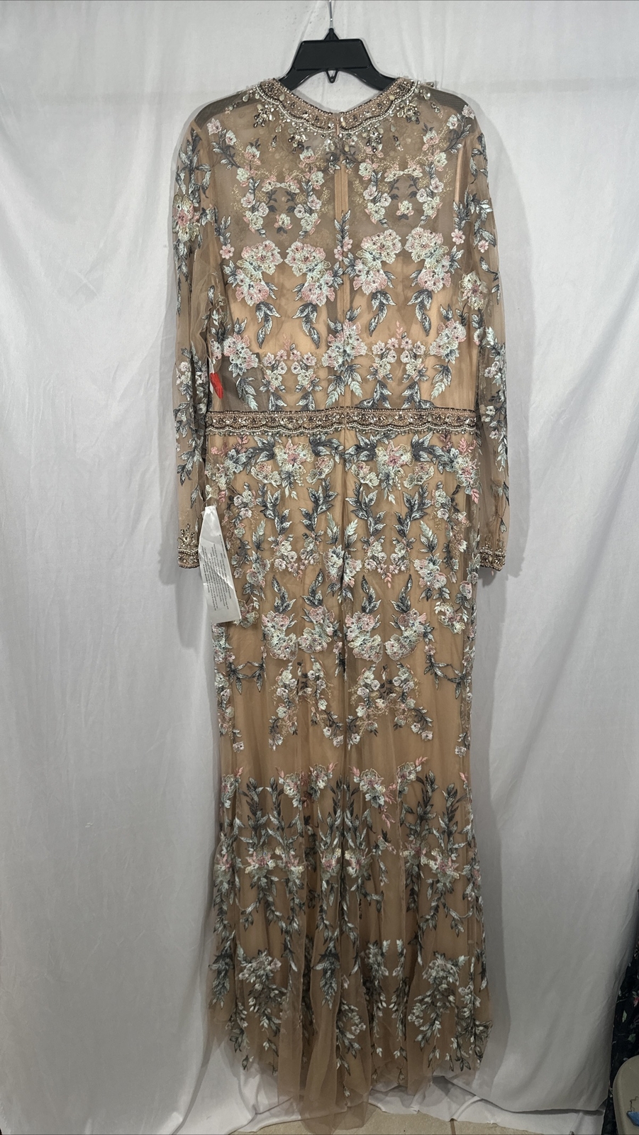 NWT $798 Mac Duggal [ 14 ] Floral Embroidered Long Sleeve Trumpet Gown Nude Q624