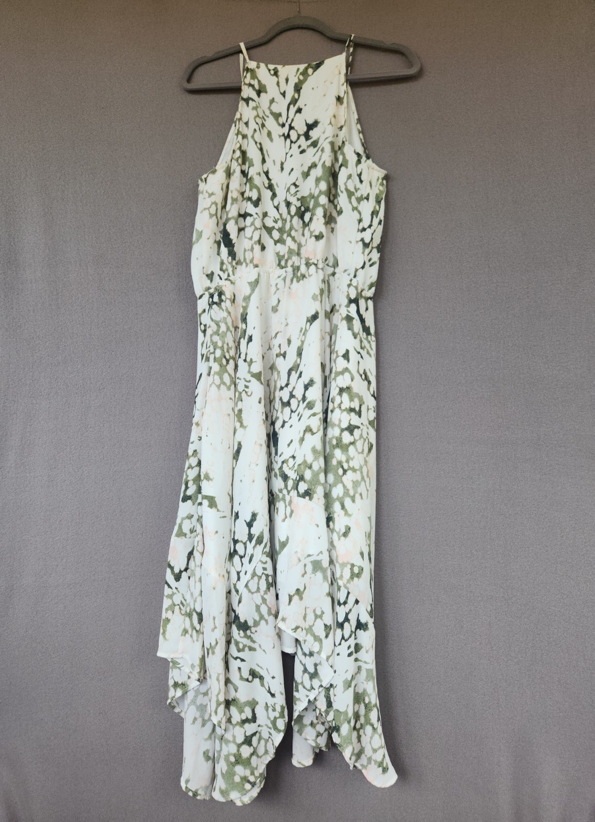 Mossimo M Abstract Olive Pink Cami Dress Midi Boho Handkerchief Hem Fully Lined