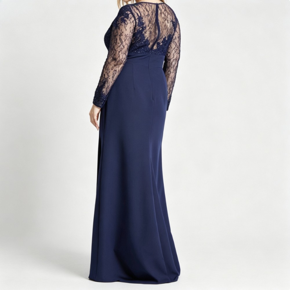 Plus Size Navy Blue Long Sleeves Beaded Lace Slit Formal Mother of Bride Dresses