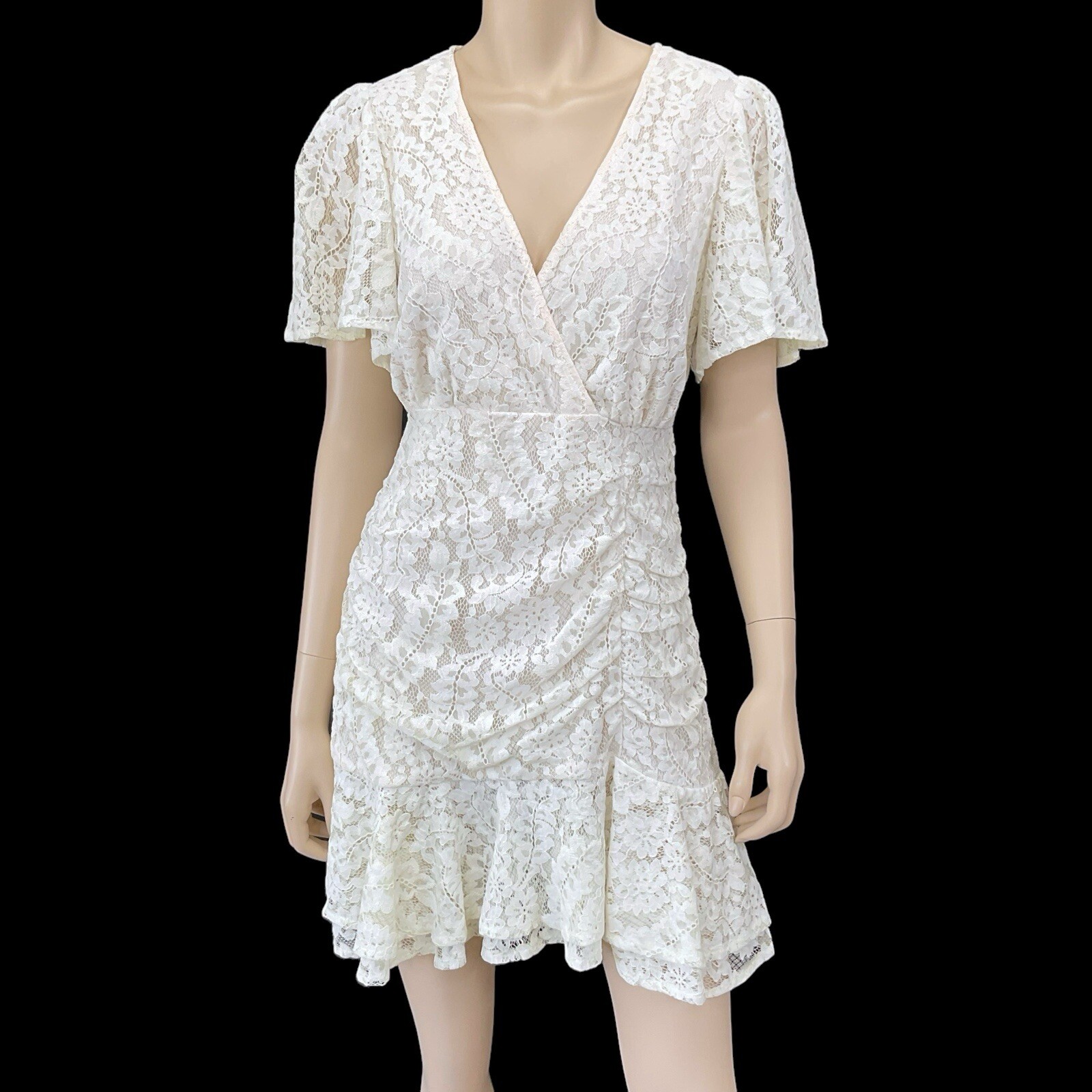 Simplee Dress Women Small Ivory Lace Flutter Short Sleeve Gathered Front NWT