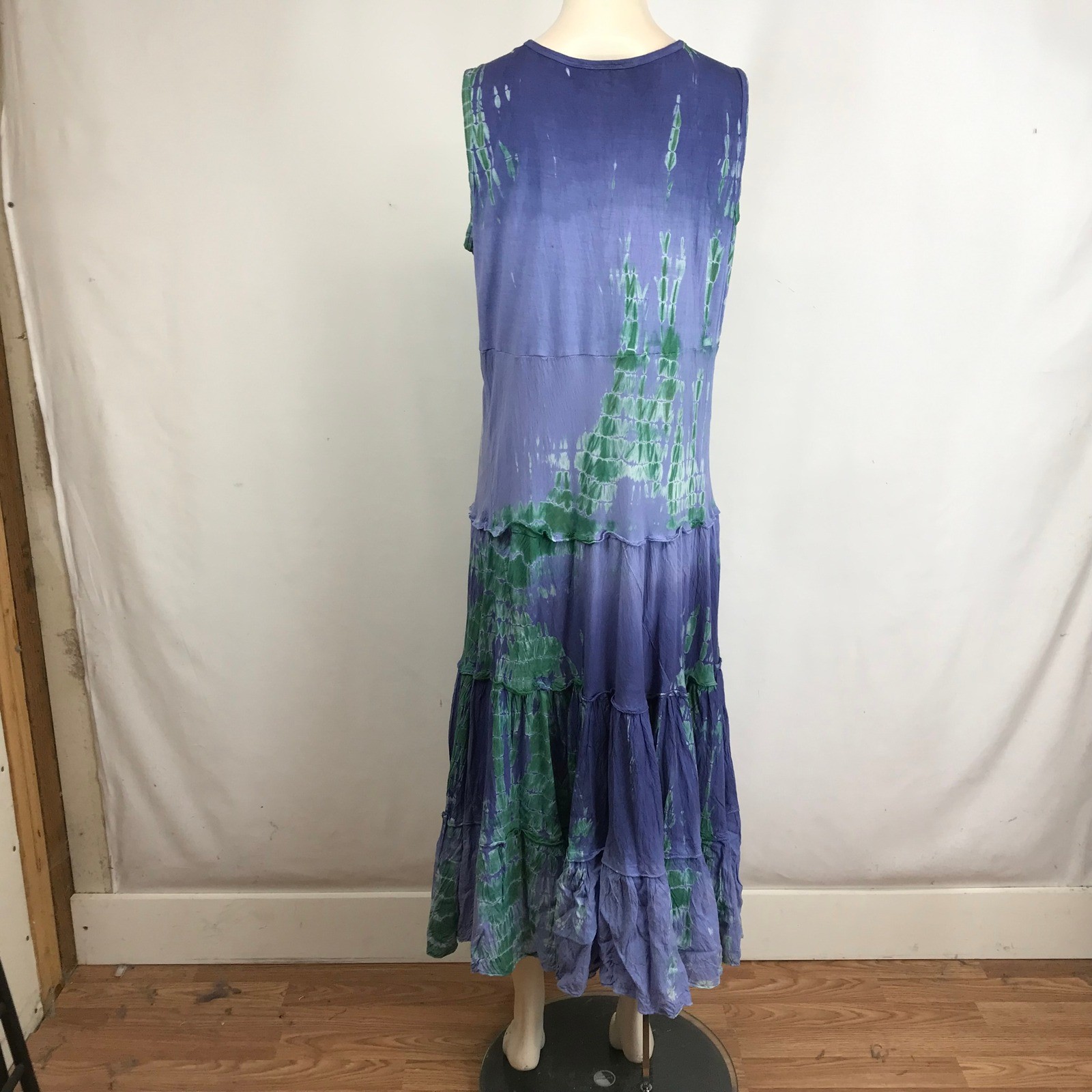 Lola P Maxi Dress Tie Dye V Neck Beaded Embellished Tiered Skirt Blue Green XL