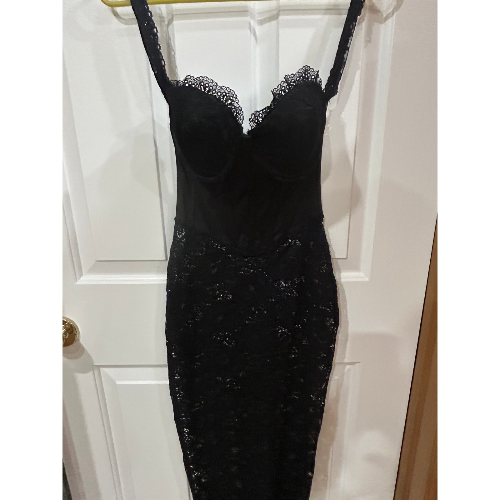 Long Black Sheer Bodice Lace up back corset top dress XS