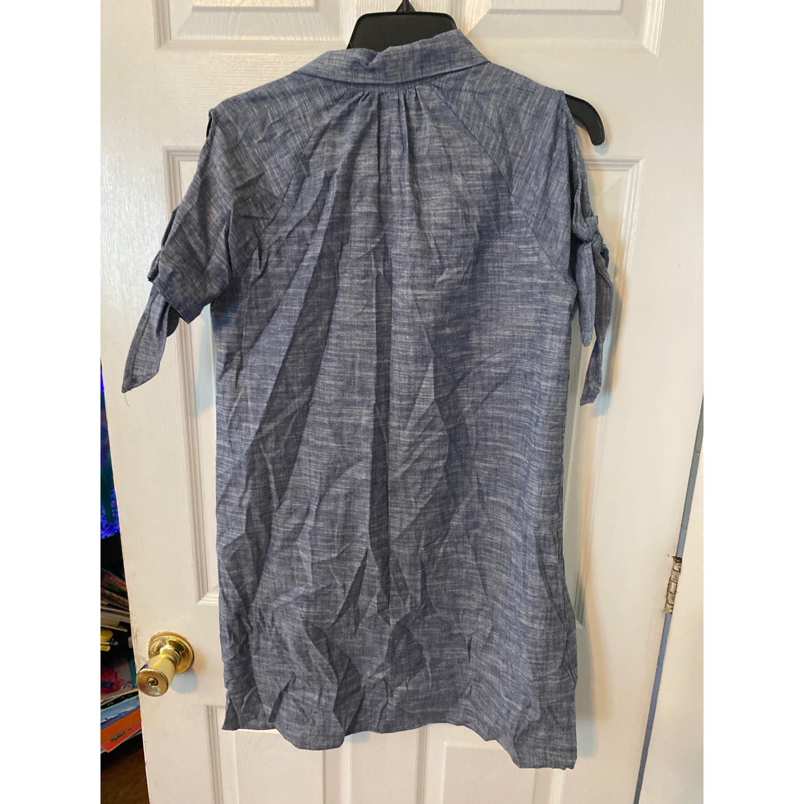 Mod Ref Blue Chambray Cold Shoulder Button Down Shirt Dress Large DR1232