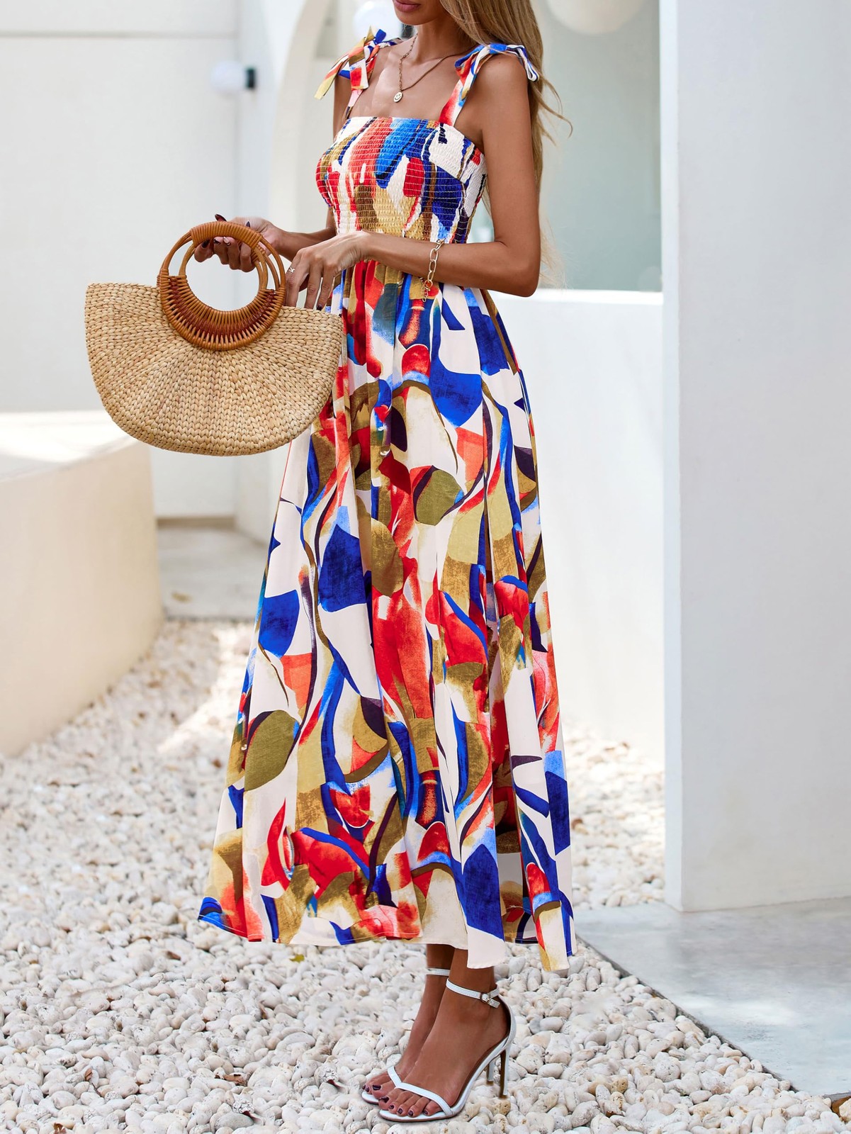 PRETTYGARDEN Womens Summer Dresses Floral Sleeveless Smocked Maxi Dress Boho
