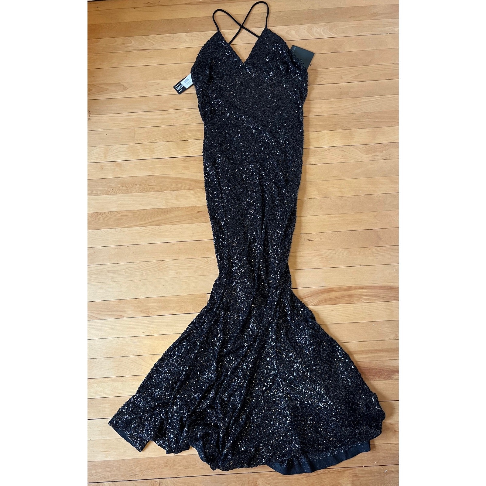 Norma Kamali Sparkle Sequin Low Back Fishtail Gown Black XL NWT Revolve Style