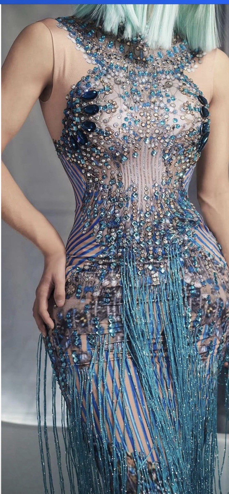 Women’s Blue Beaded Sequin Fringe Backless High Neck Long Gown S/M