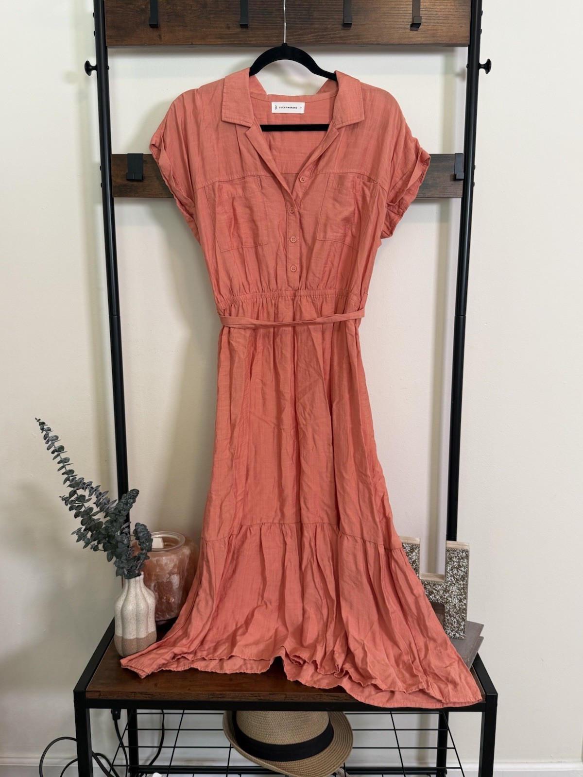 Lucky Brand Women’s Pink Solid Collared Button Tie Waist Long T-Shirt Dress M