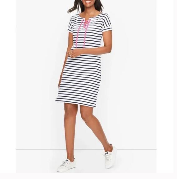 Talbots White/Black Cotton Terry Stripe Lace-up Dress Petite 1X