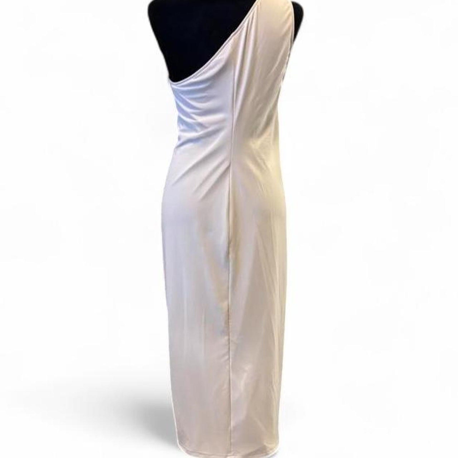 Contemporary Bodycon White One Shoulder Midi Dress – Minimalist Ruched Large