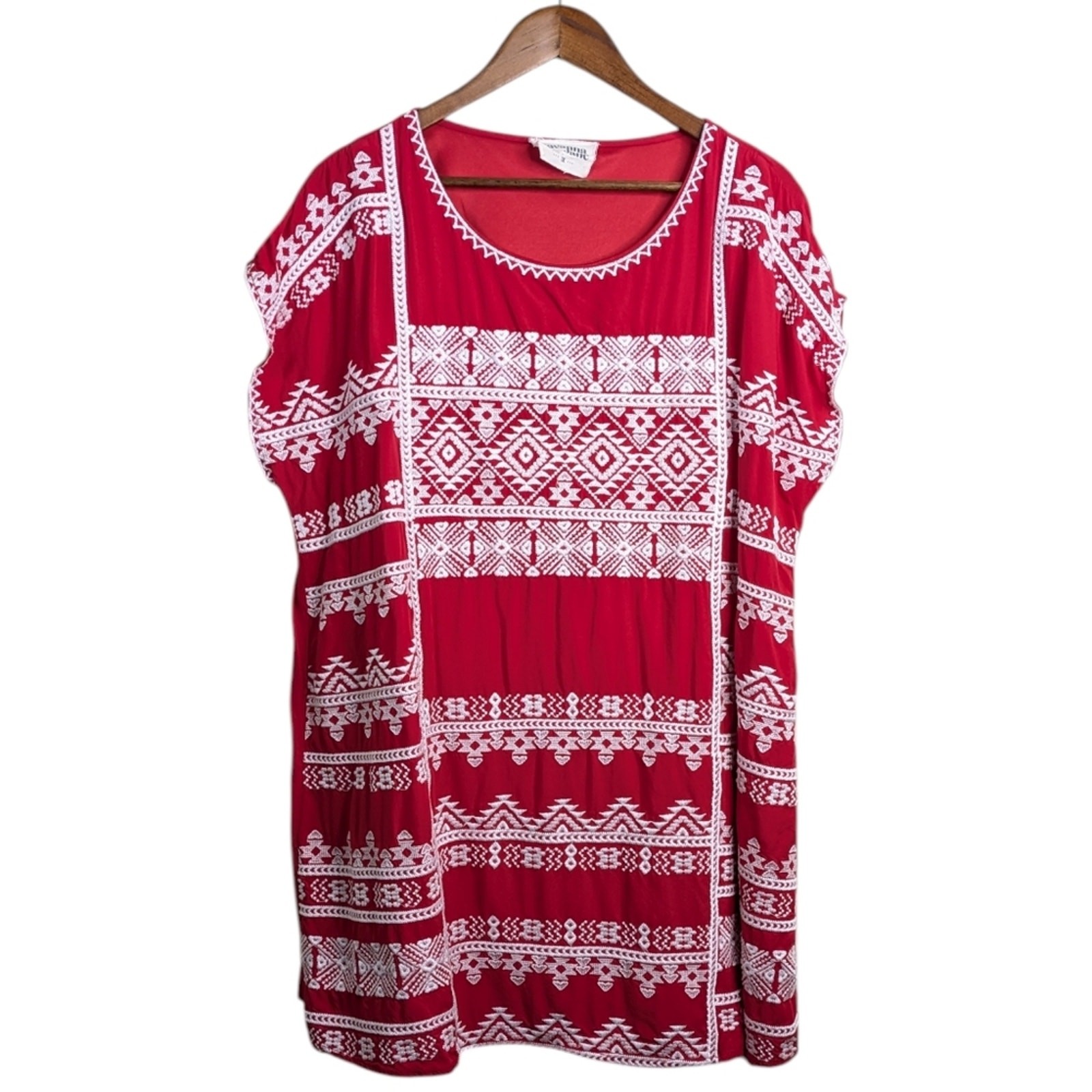 Savanna Jane Tunic Dress 1X Red Embroidered Boho Southwest Aztec Lined
