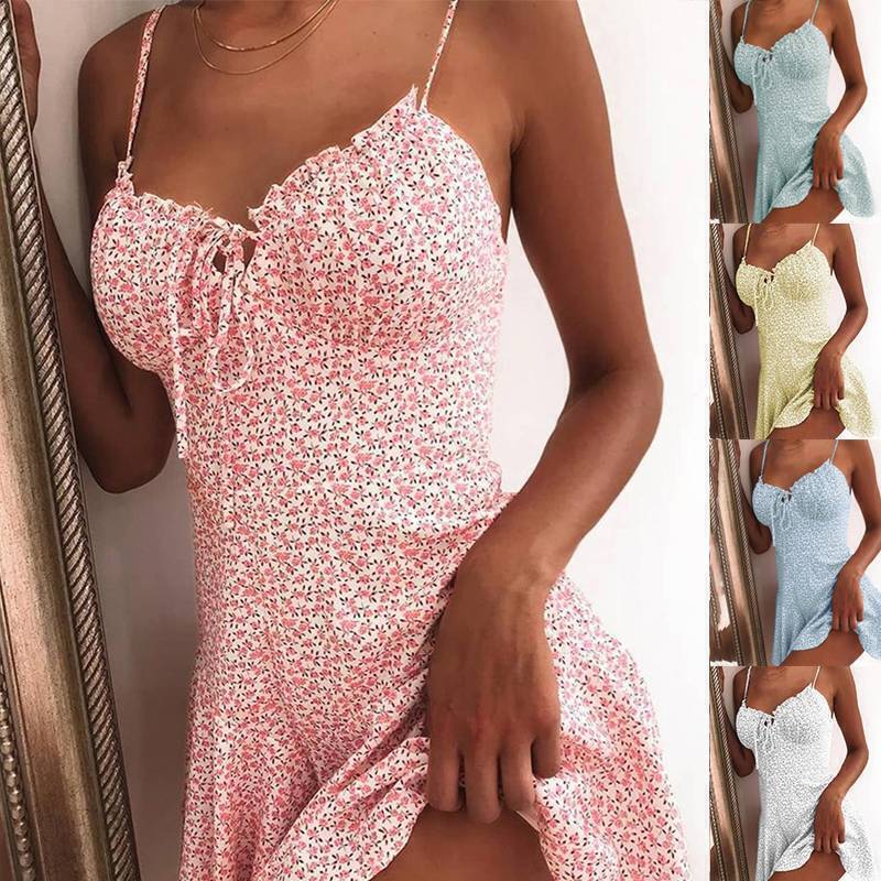 Sexy Womens Summer Boho Floral Printed Mini Dress Strappy Holiday Beach Sundress