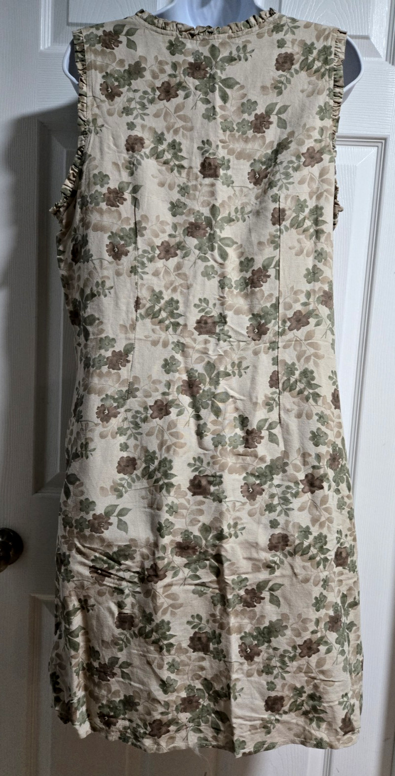 Kathy Ireland Beige/Green Sleeveless Floral Linen Blend Dress;Ruffle V-Neck;Sz L