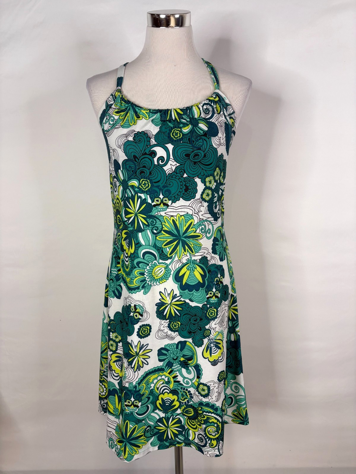 Prana Dress Women Medium Green Floral Tank Scoop Neck Stretch Strappy Back Retro