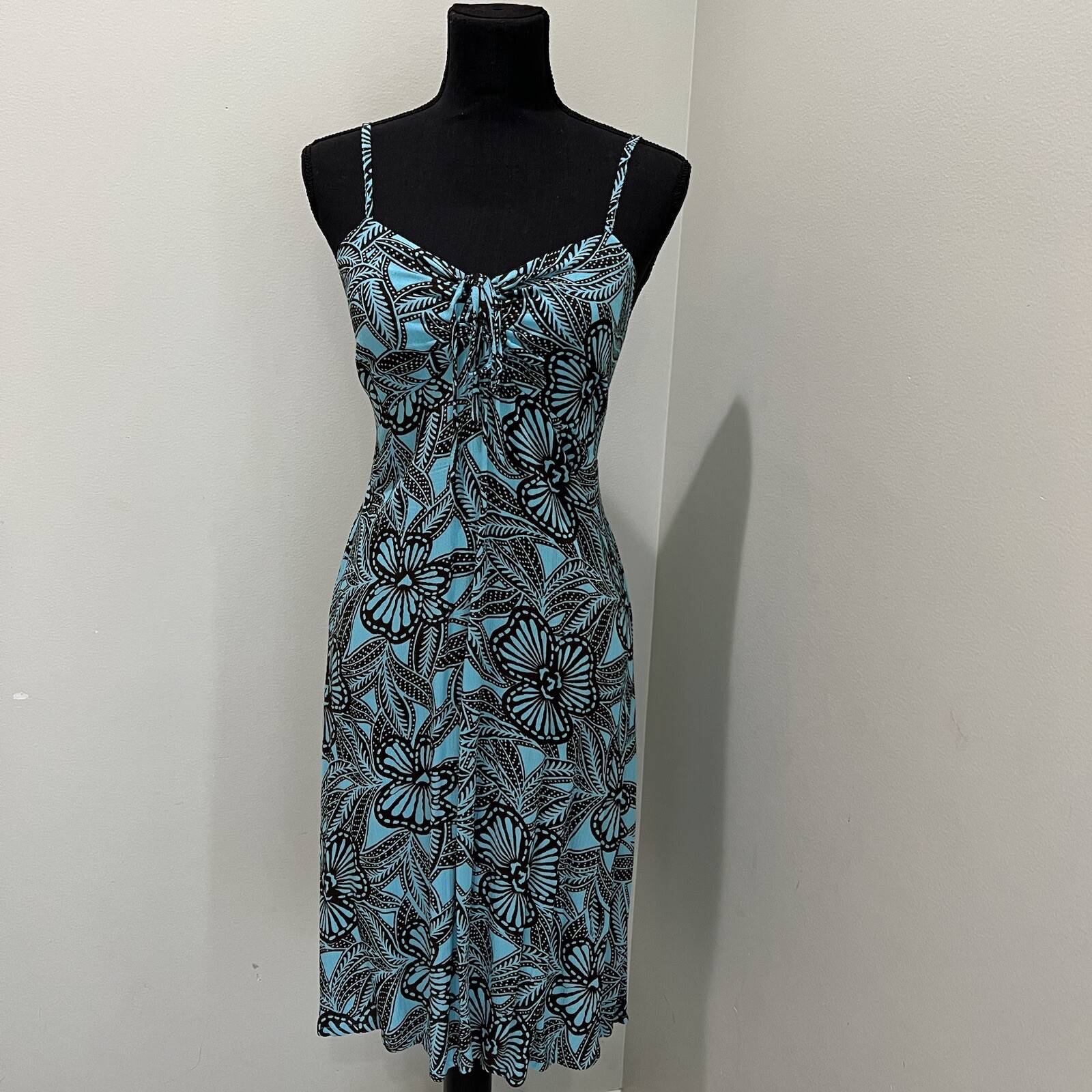 Piramide Clothing Company Handmade Teal & Brown MIDI Dress 100% Rayon Sz M EUC