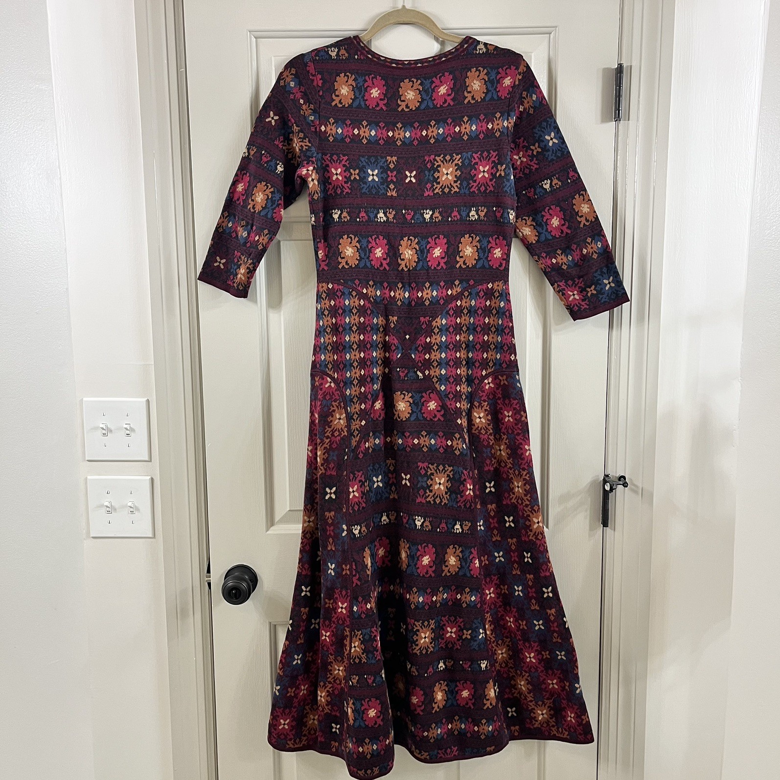 Peruvian Connection Maxi Knit Dress Wom S Wine Pink Geo Pima Cotton 3/4 sleeve
