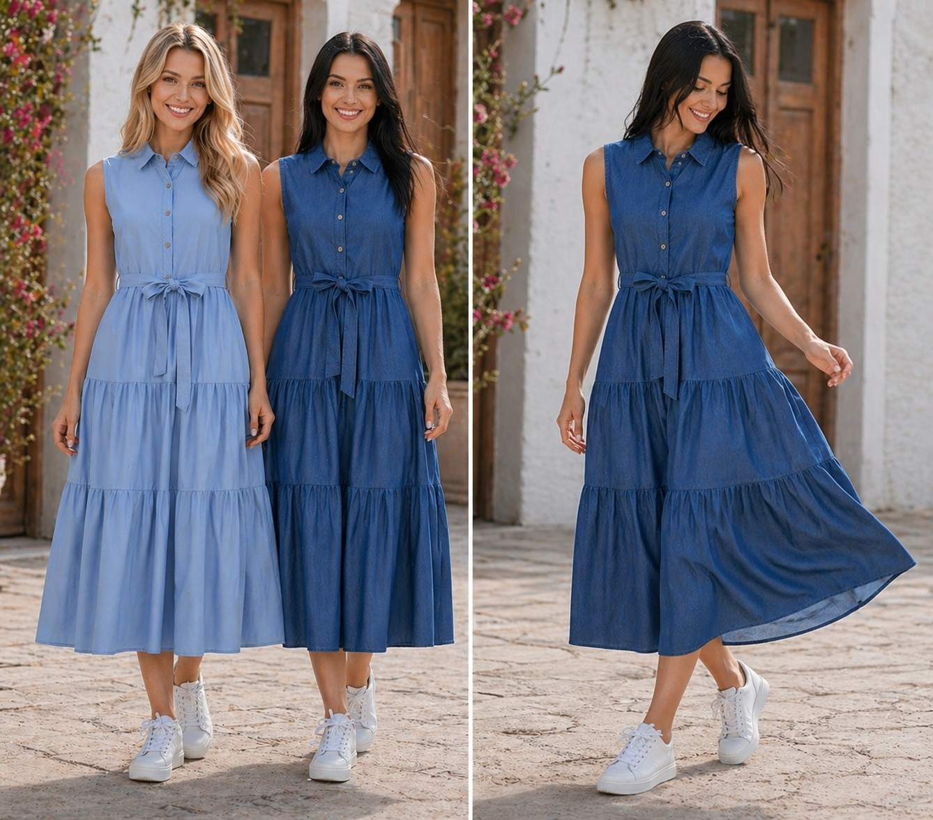 Summer Dress Womens Blue Variant Midi Dress with Button Front & Belt S/M, L/XL