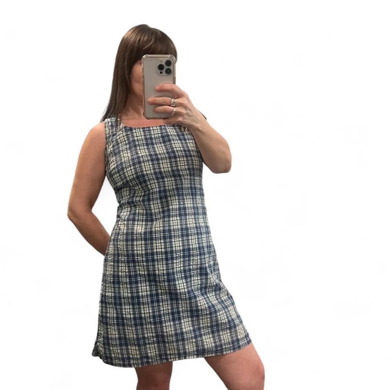 Vintage 90s Blue Plaid Cotton Mini Dress Cottagecore Sleeveless