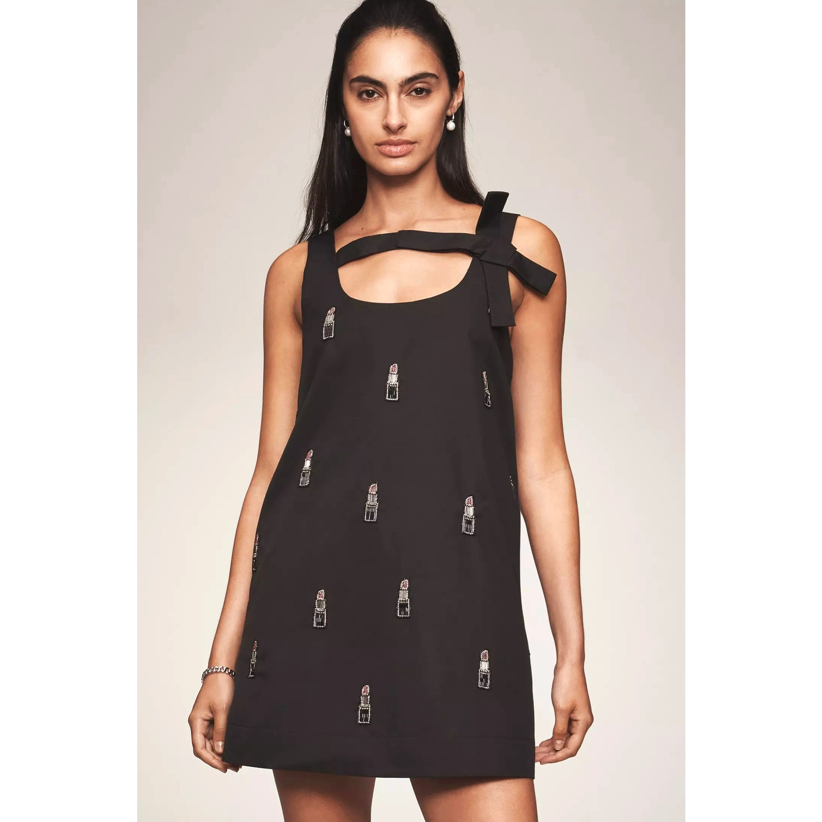 New Anthropologie Maeve Sleeveless Bow Shift Mini Dress $228 LARGE Black Beaded