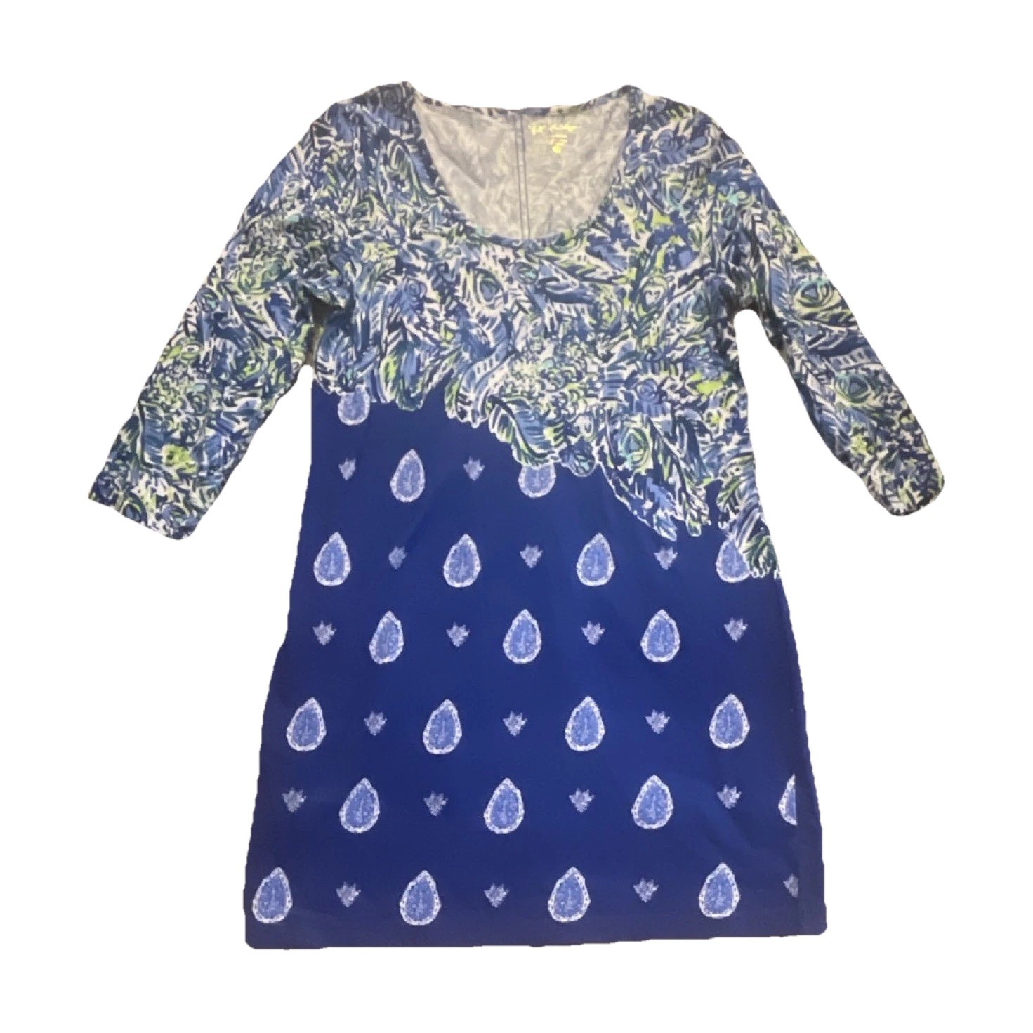 Lilly Pulitzer L Blue Green Floral Paisley Shift Dress Cotton Scoop Neck Pullov…