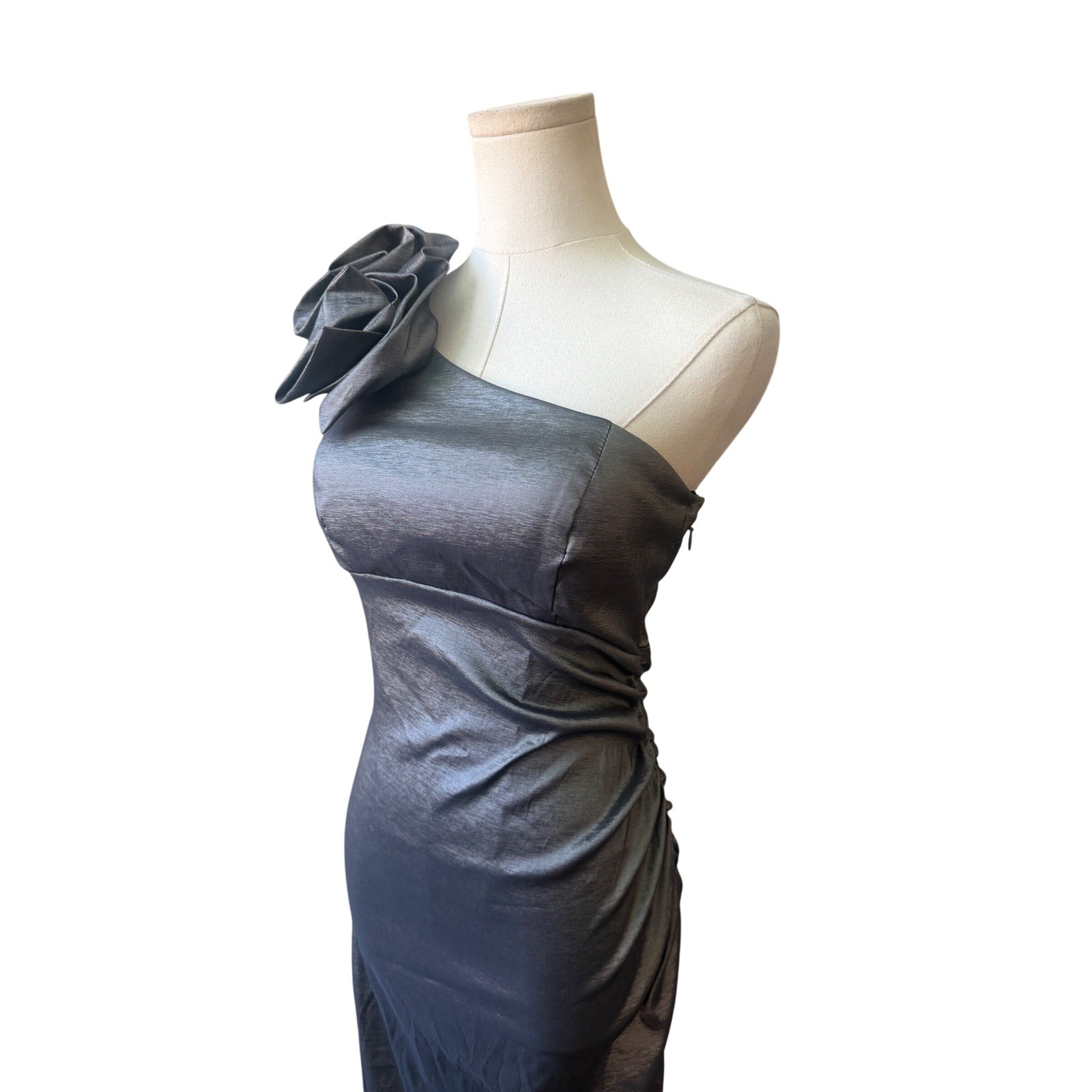 XSCAPE Long Formal One Shoulder Evening Dress Size 4 Ruffle Gunmetal Column