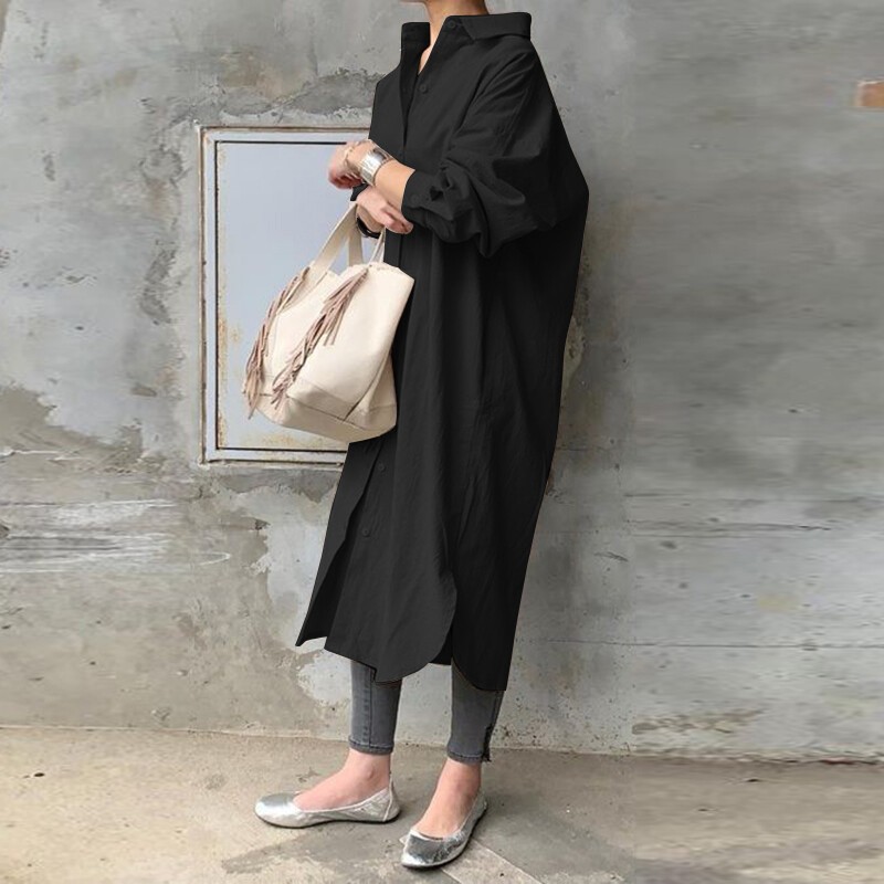 NEWSTOCK Women Collared Button Up Casual Loose Kaftan Long Maxi Shirt Dress Plus
